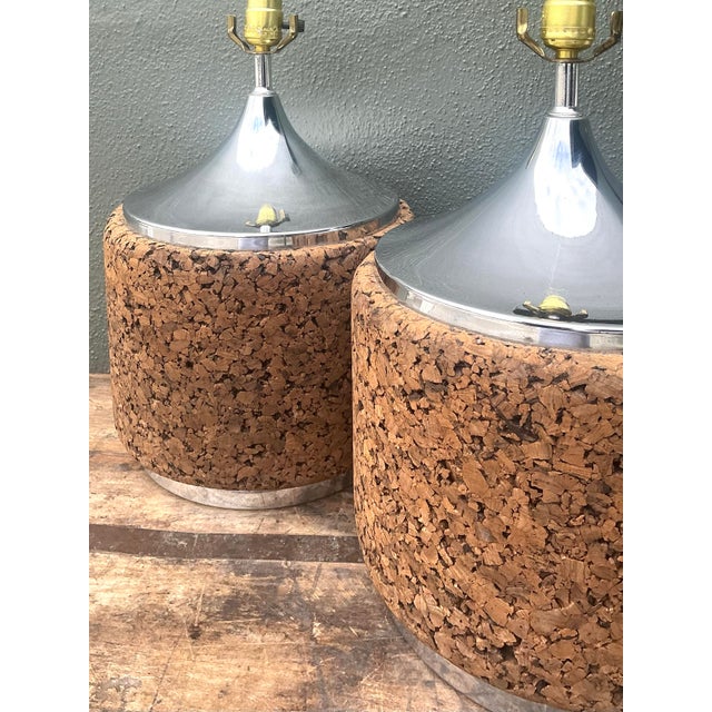 Vintage 70s Chrome and Cork Lamps - A Pair For Sale - Image 10 of 12