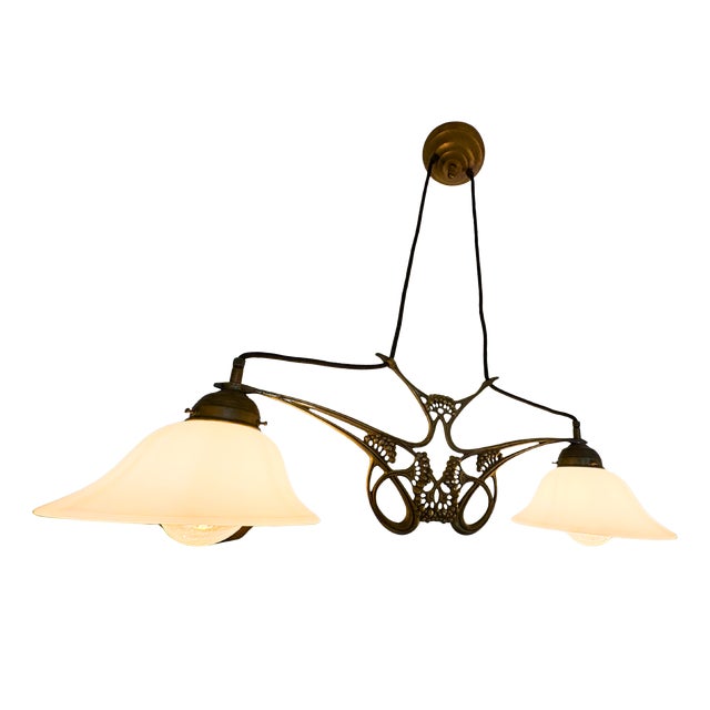 French Art Nouveau Bronze & Opaline Double Pendant, 1900s For Sale