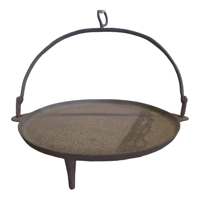 Antique Cast-Iron Spider Griddle W/ Forged Bail 19th C Hearth Fire Cooking Pan For Sale
