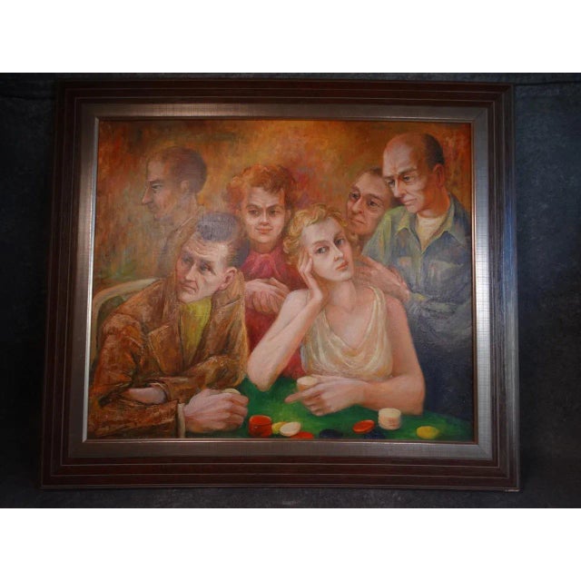 Red Circa 1940s "A Friendly Game" Figurative Oil Painting by Burr Singer, Framed For Sale - Image 8 of 8