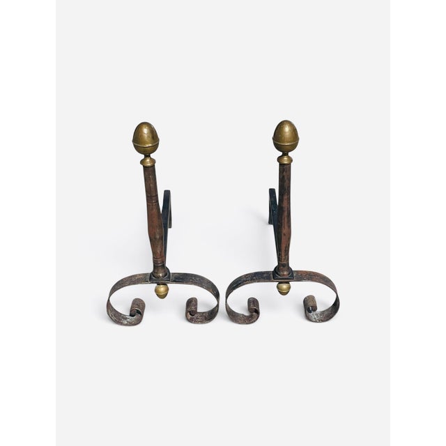 Late 19th Century Antique Wrought Iron and Brass Andirons-a Pair For Sale - Image 5 of 5
