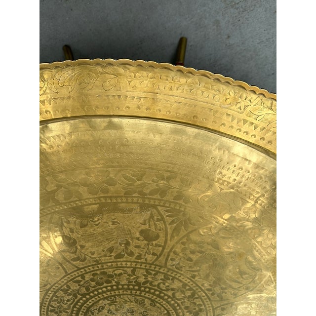 Mid-Century Chinoiserie 45 Inch Hand-Etched Brass Tray Coffee Table on Teak Spider Base. For Sale - Image 9 of 11