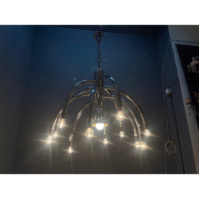 Metal Vintage Space Age Chrome 13-Light Chandelier attributed to Goffredo Reggiani, 1970s For Sale - Image 7 of 14