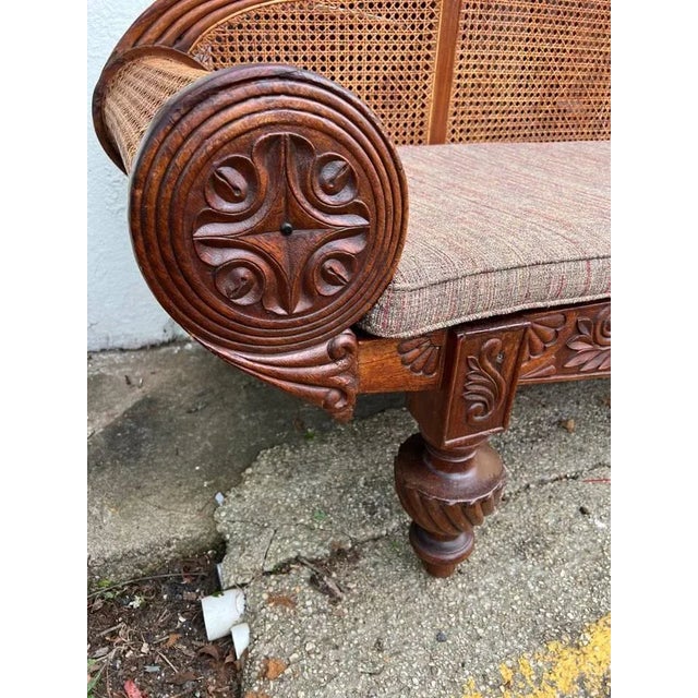 Art Deco Antique British Anglo Indian Carved Mahogany Cane Seat and Back Settee For Sale - Image 3 of 18