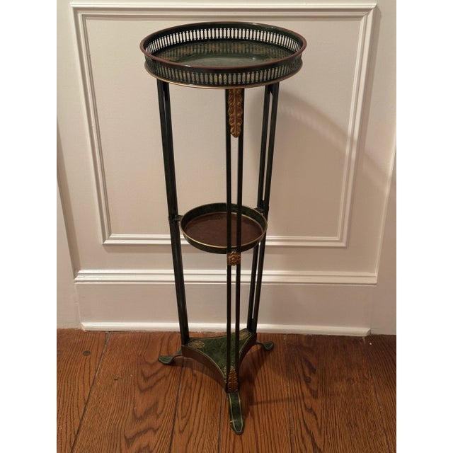 Dark Green Vintage Toile Round Metal 3-Tier Italian Accent Table For Sale - Image 8 of 8