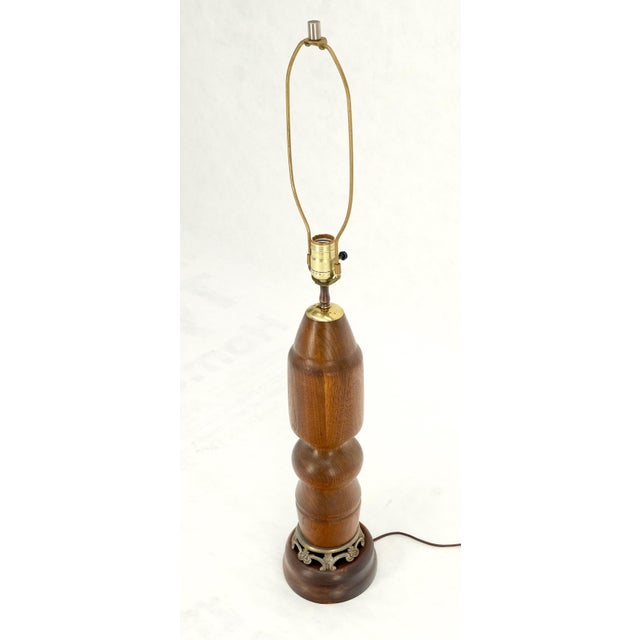 Large Heavy Turned Solid Teak Base Table Lamp Mid Century Modern MINT For Sale - Image 6 of 10
