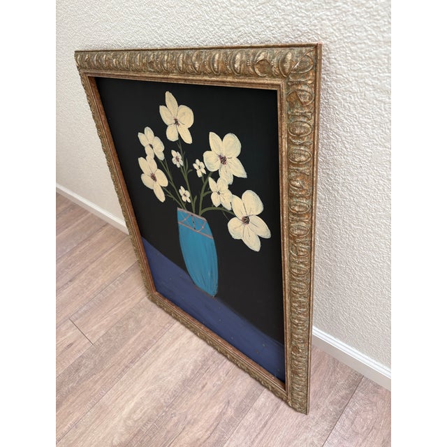 Farmhouse Large Original Primitive Painting of Cheerful Flowers in a Blue Vase For Sale - Image 3 of 7