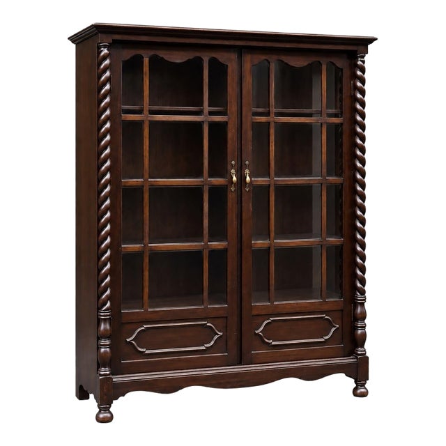 Antique American Victorian Era Carved Mahogany Barley Twist Bookcase Cabinet For Sale