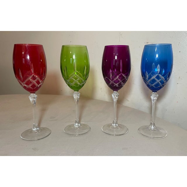 Boho Chic Lot of 4 Vintage Cut to Clear Crystal Glass Cordial White Wine Goblet Glasses For Sale - Image 3 of 10