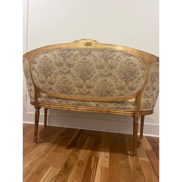 Lovely gilded gold satee. Old world timeless elegance. Floral tapestry Gilded gold medallion. Oval back
