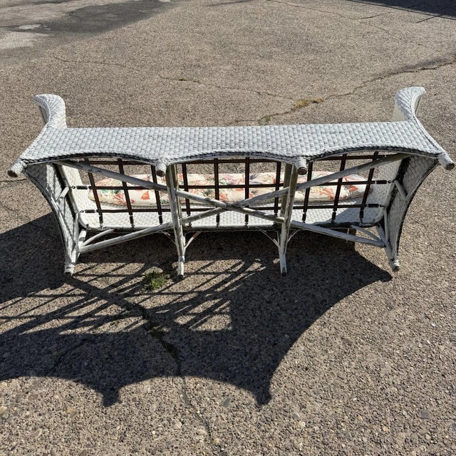 Antique Victorian White Wicker Rattan Sunroom Patio Sofa W/ Loose Cushions For Sale - Image 18 of 18