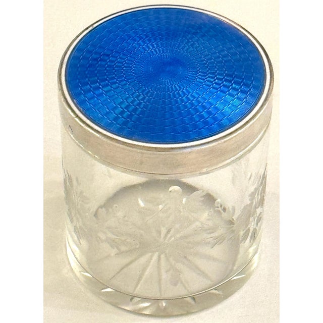 Metal Round French Silver Deep Blue Guilloché Enamel & Crystal Table Box For Sale - Image 7 of 10