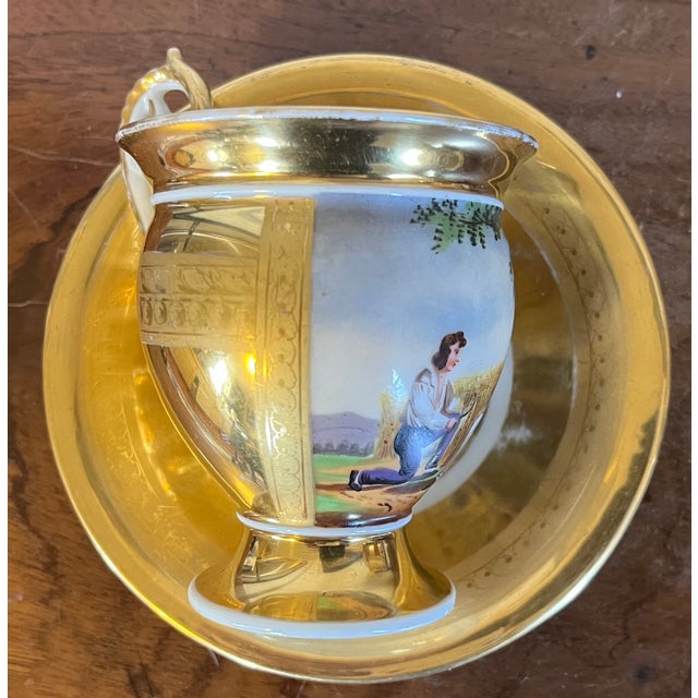 Antique Early 19th Century French Empire Paris Porcelain Tea Cup & Saucer Decorated With a Courting Couple For Sale - Image 9 of 14