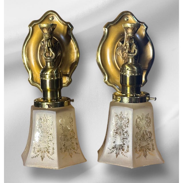 Metal Antique Small Sconces With Amber Glass Shades - a Pair For Sale - Image 7 of 11