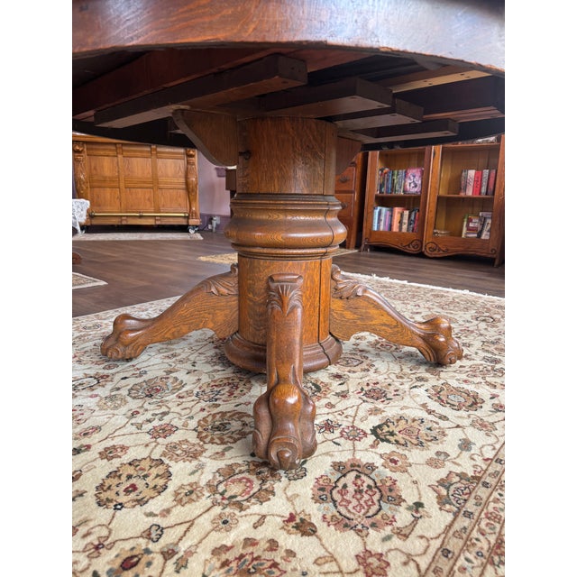 Wood Antique Oak Pedestal Table With Clawfeet For Sale - Image 7 of 14
