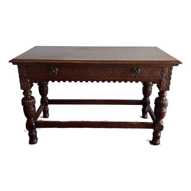 Antique Console Robert Mitchell Furniture Co. Carved Quarter-Sawn Oak Jacobean Revival Library Table, Cincinnati, C. 1900–1915 For Sale