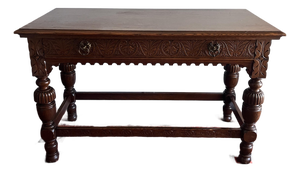 Antique Robert Mitchell Furniture Co. Carved Quarter-Sawn Oak Jacobean Revival Library Table, Cincinnati, C. 1900–1915