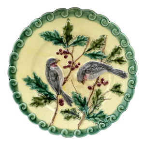French Majolica Bird & Holly Plate Sarreguemines, Circa 1880