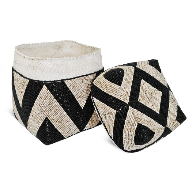 Beautiful vintage hand beaded accessory box made from woven bamboo and intricately covered with geometric triangle...