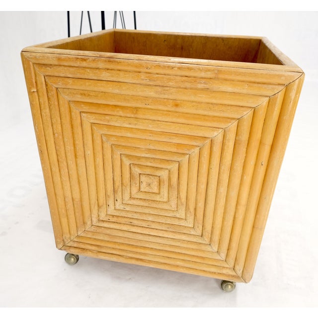 Mid-Century Modern Reed Bamboo Rattan Square Cube Shape Planter stand on Wheels.
