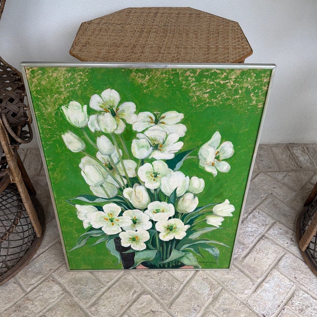 Midcentury Oil on Board Floral Still Life of White Tulips For Sale - Image 10 of 12