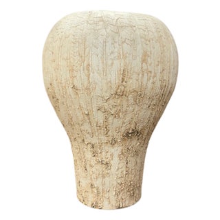 Wide Rounded Textured Ivory & Sand Brown Ceramic Vase For Sale