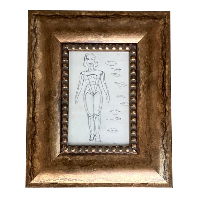 1940’s Art Deco Female Figure With Flying Lips Pencil Drawing Tabletop Frame For Sale