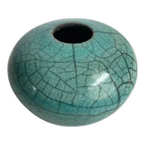 Vintage Petite Raku Vase Miniature Weed Pot Turquoise Crackle Glaze Signed 2” Tall
