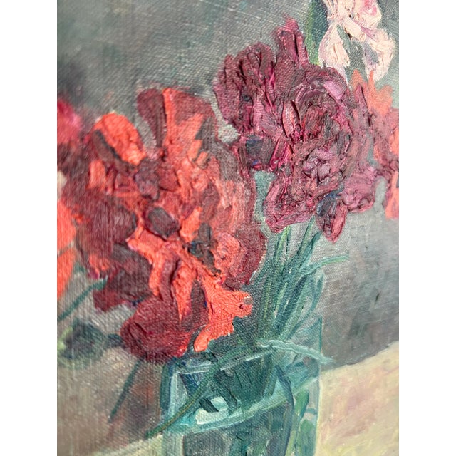 Vintage Signed Original Oil on Board Still Life Red, Pink & White Carnations in Blue Glass Vase For Sale - Image 12 of 15