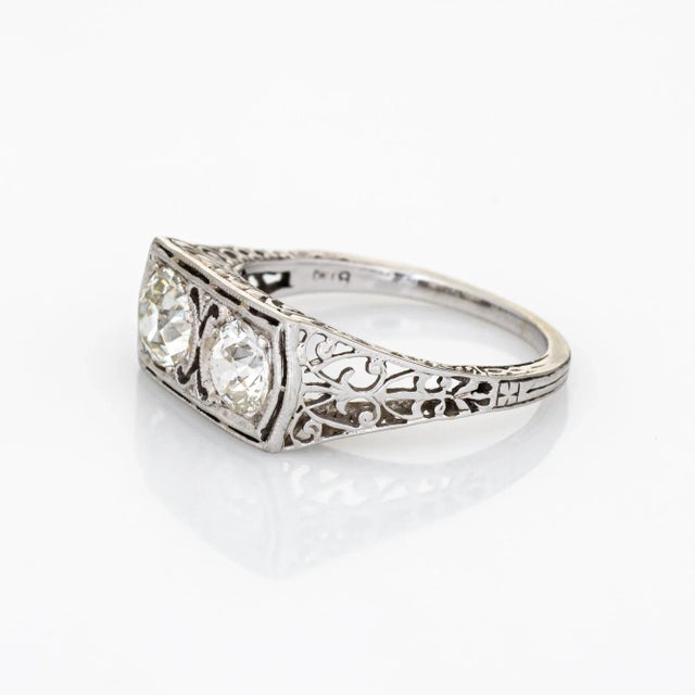 Vintage Art Deco Ring 1.25ct Double Diamond 18k White Gold Filigree Sz 6 Jewellery For Sale - Image 4 of 7