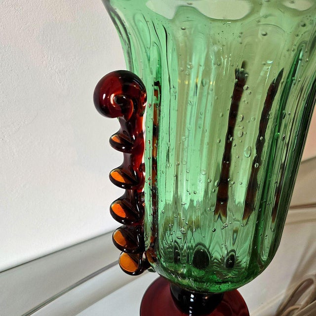 Glass 1980s Pair of Green and Golden Brown Murano Glass Vases For Sale - Image 7 of 13