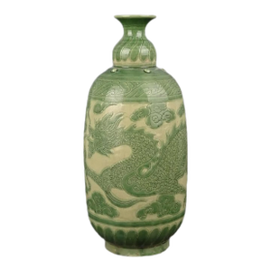 Vintage Chinese Porcelain Song Cizhou Kiln Green Glaze Porcelain Vase Hand Carved Dragon Pattern | Cizhou Ware Ceramic Bottle