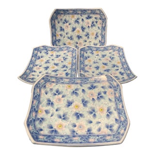 Vintage Japanese Kutani Porcelain Blue/Pink Cherry Blossom's Sushi Plates- Set of 4 For Sale