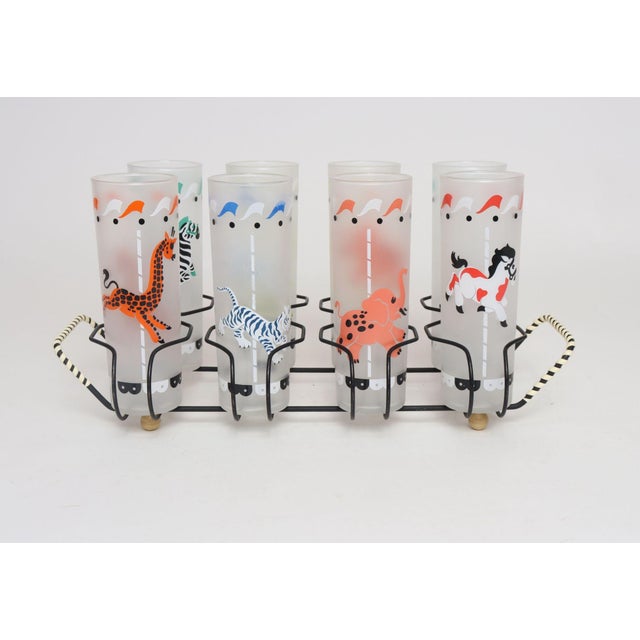 Charming set of eight Mid-Century Modern frosted highball glasses/tumblers with animal carousel/carnival motif by Libbey...