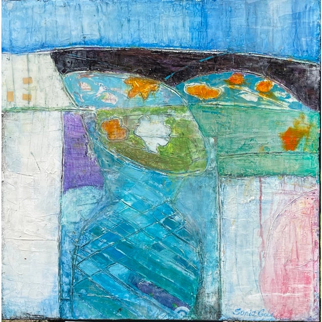 "Still life in blue tones" is captivating mixed media painting that reimagines the traditional still life through an...