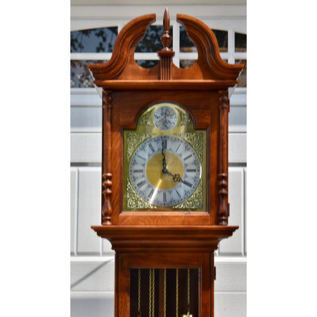 Traditional Howard Miller Cherry Grandfather Clock Mechanical Triple Weight Pendulum For Sale - Image 3 of 18