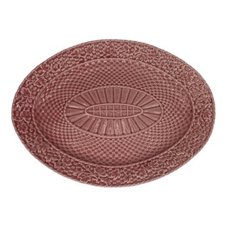 Vintage Bordallo Pinheiro Caldas Da Rainha Pink Basketweave Leaves 15" Majolica Platter For Sale