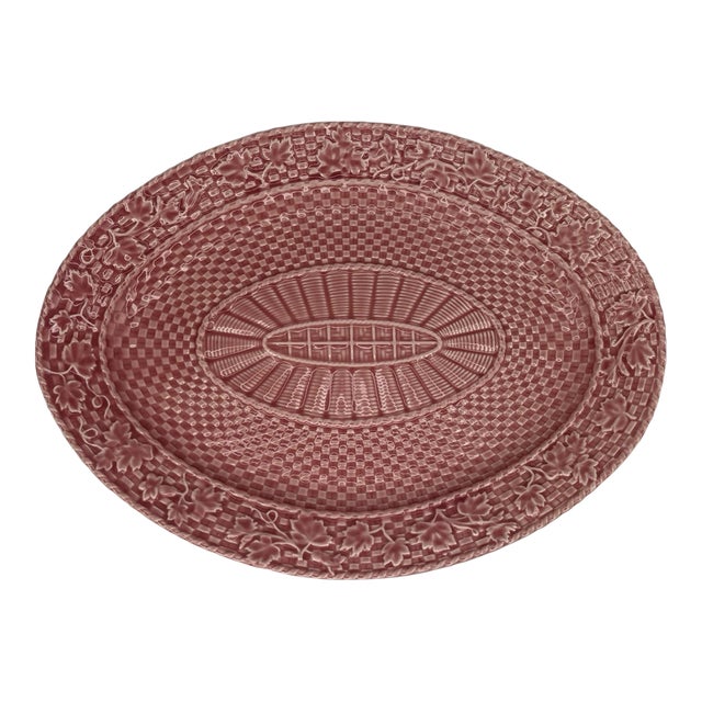 Vintage Bordallo Pinheiro Caldas Da Rainha Pink Basketweave Leaves 15" Majolica Platter For Sale