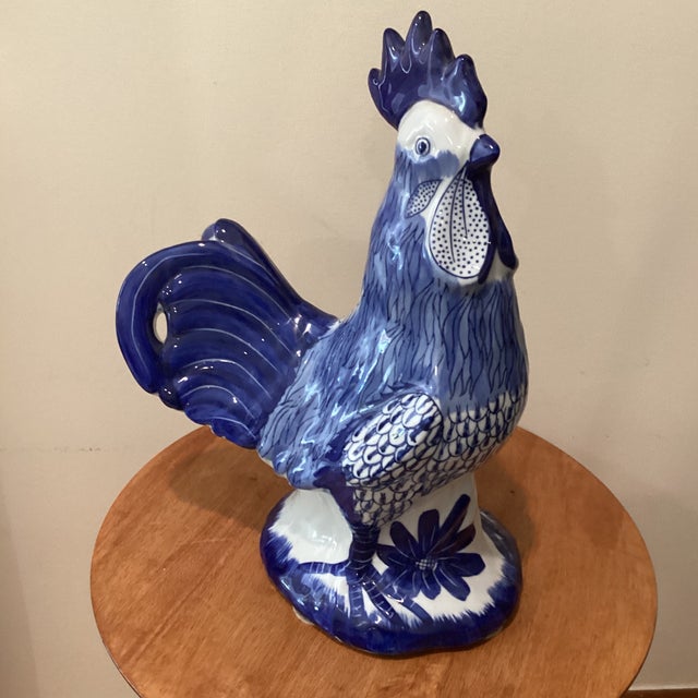 Vintage Large Hand Painted White & Blue Ceramic Rooster Sculpture Numbered Signed For Sale - Image 4 of 12