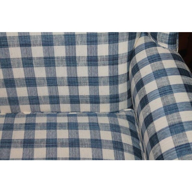 Textile 20th C Wingback Love Seat in Blue and White Check Homespun Linen For Sale - Image 7 of 7