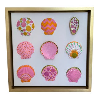 Hand-Painted Pink Seashell Art With Rhinestone Details in Gold Floating Frame – 12” X 12” For Sale