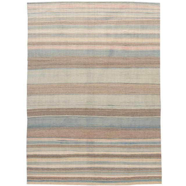 Modern Striped Kilim Handmade Wool Rug With Subtle Tones For Sale - Image 12 of 12