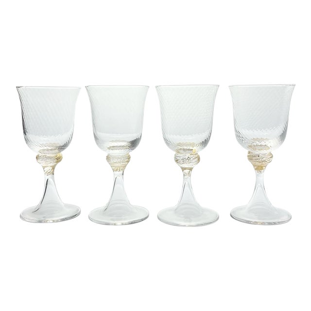 1990s Murano Torcée Swirl Optic Hand Blown Gold Flakes Stem Wine Glasses - Set of 4 For Sale