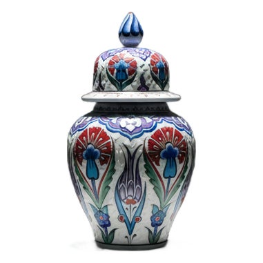 Handmade Ceramic “Kupecik” Ginger Jar (20cm) – Textured Relief with Red Carnations & Purple Tulips For Sale