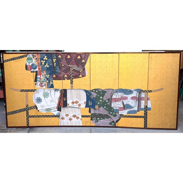 Japanese Six-Panel Byōbu/ Screen Depicting Kimonos and Obi Draped on an Ikō Rac For Sale - Image 15 of 18