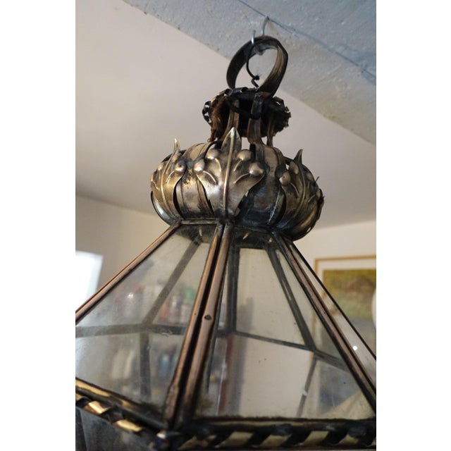 Large Antique Hanging Lantern in Glass and Brass, 1890s For Sale - Image 3 of 9