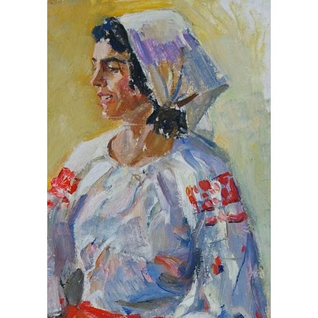 Realism Vintage Ukrainian Woman Portrait, Original Oil Painting on Cardboard 70-50 For Sale - Image 3 of 6
