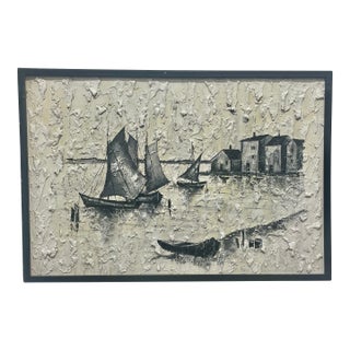 Mid Century Modern Pallet Knife Harbor Artwork by N. Cobb, C. 1950’s For Sale