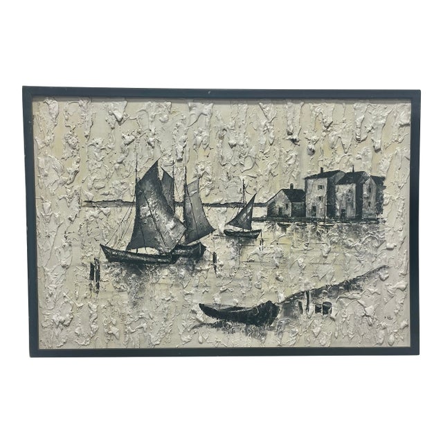 Mid Century Modern Pallet Knife Harbor Artwork by N. Cobb, C. 1950’s For Sale