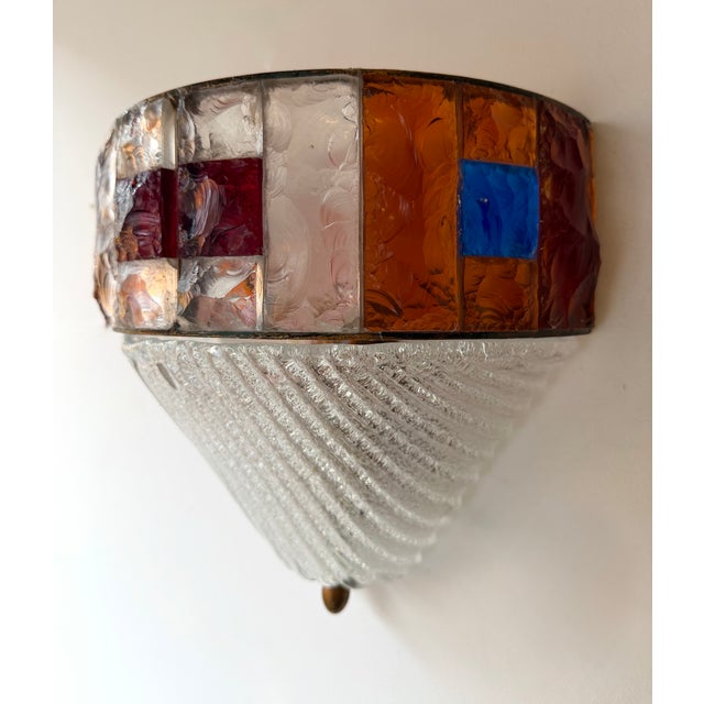 1970s Hammered Glass Wrought Iron Murano Glass Sconces by Longobard, Italy, 1970s, Set of 3 For Sale - Image 5 of 12